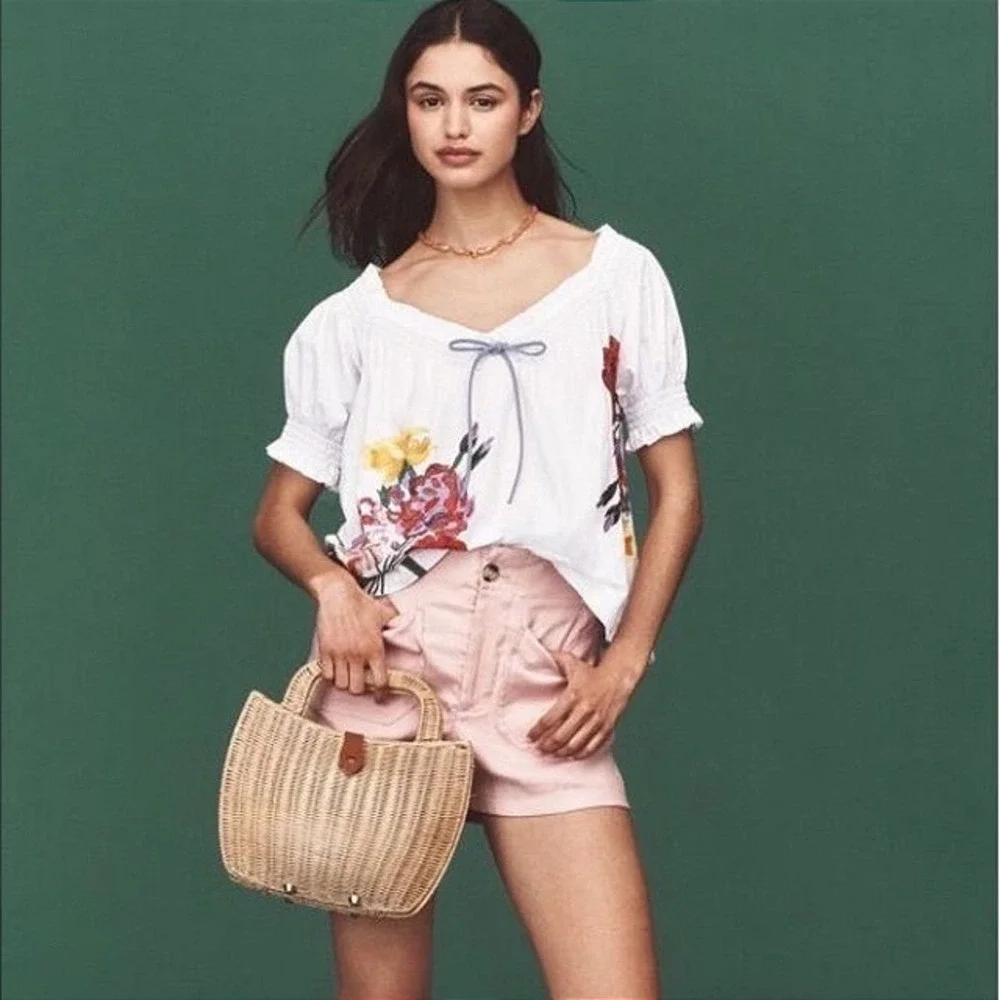 Anthropologie Boho White‎ Floral Puff Sleeve Blouse Embroidered Cotton LP